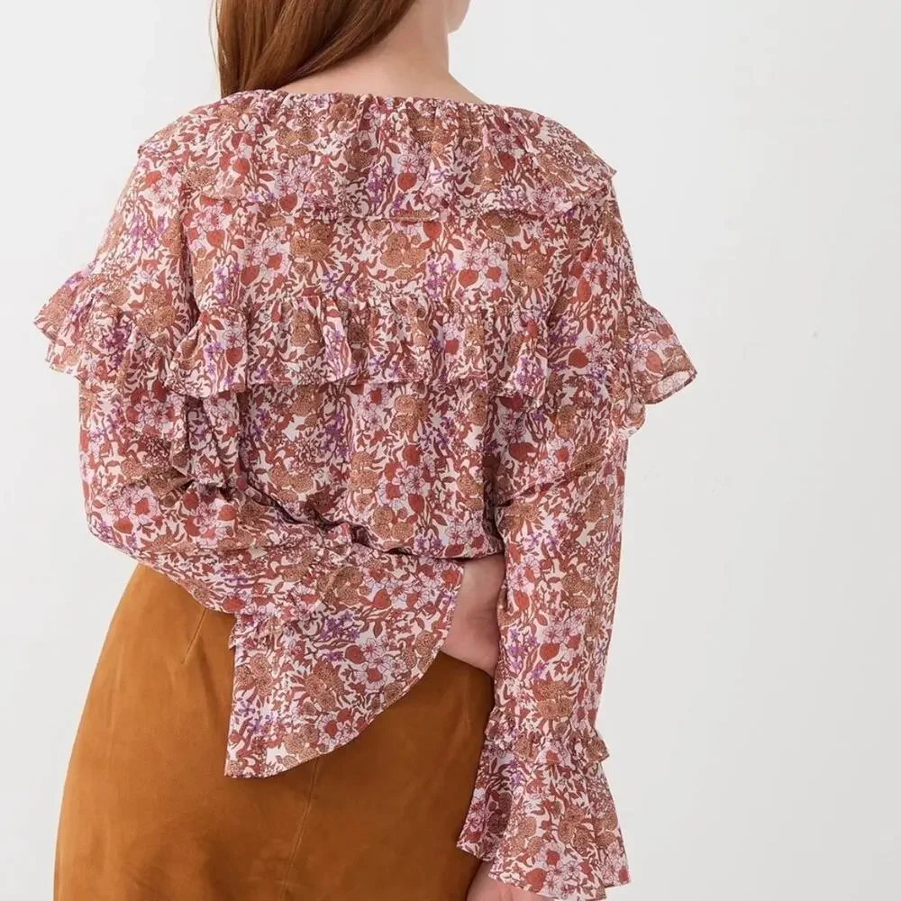 J. Crew Crinkle Chiffon Floral Fete Ruffle Bell Long Sleeve V-Neck Blouse MEDIUM - Picture 7 of 11